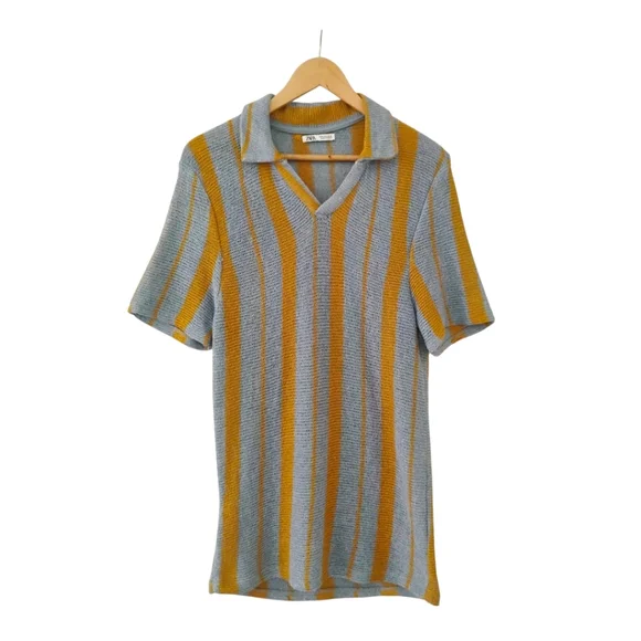 Zara Men Knit Polo with Blue and Yellow Stripes. Size M - Picture 2 of 13